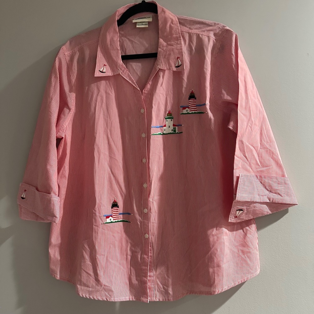 LASOLAS Women's Red White Stripe Lighthouse Sailboat Embroidered Button Up Top‎